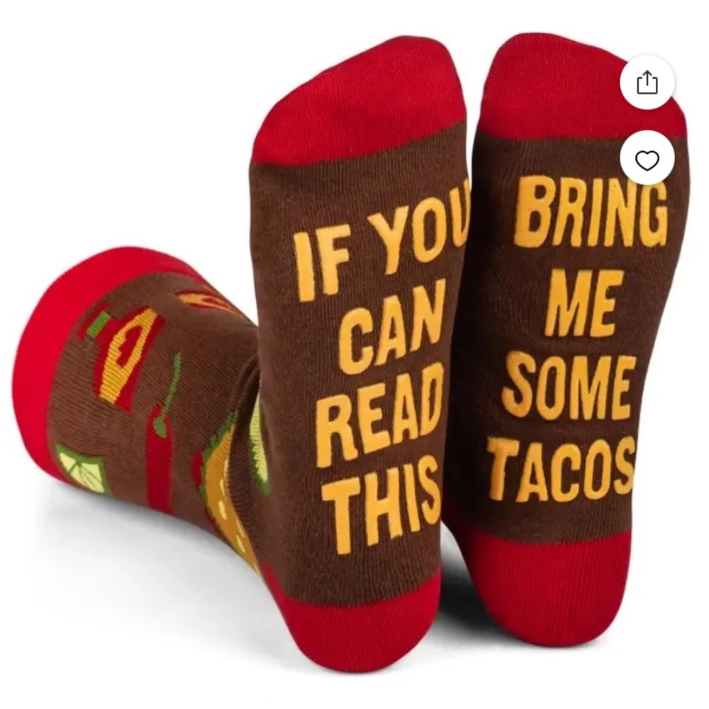 🌹 NWT LAVLEY BRING ME SOME TACOS SOCKS Red and Brown UNISEX Fun Socks •